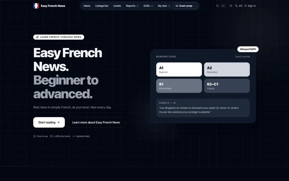Easy French News homepage