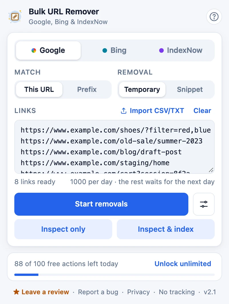 The extension's popup on Search Console: a list of eight URLs, removal options, and a Start removals button