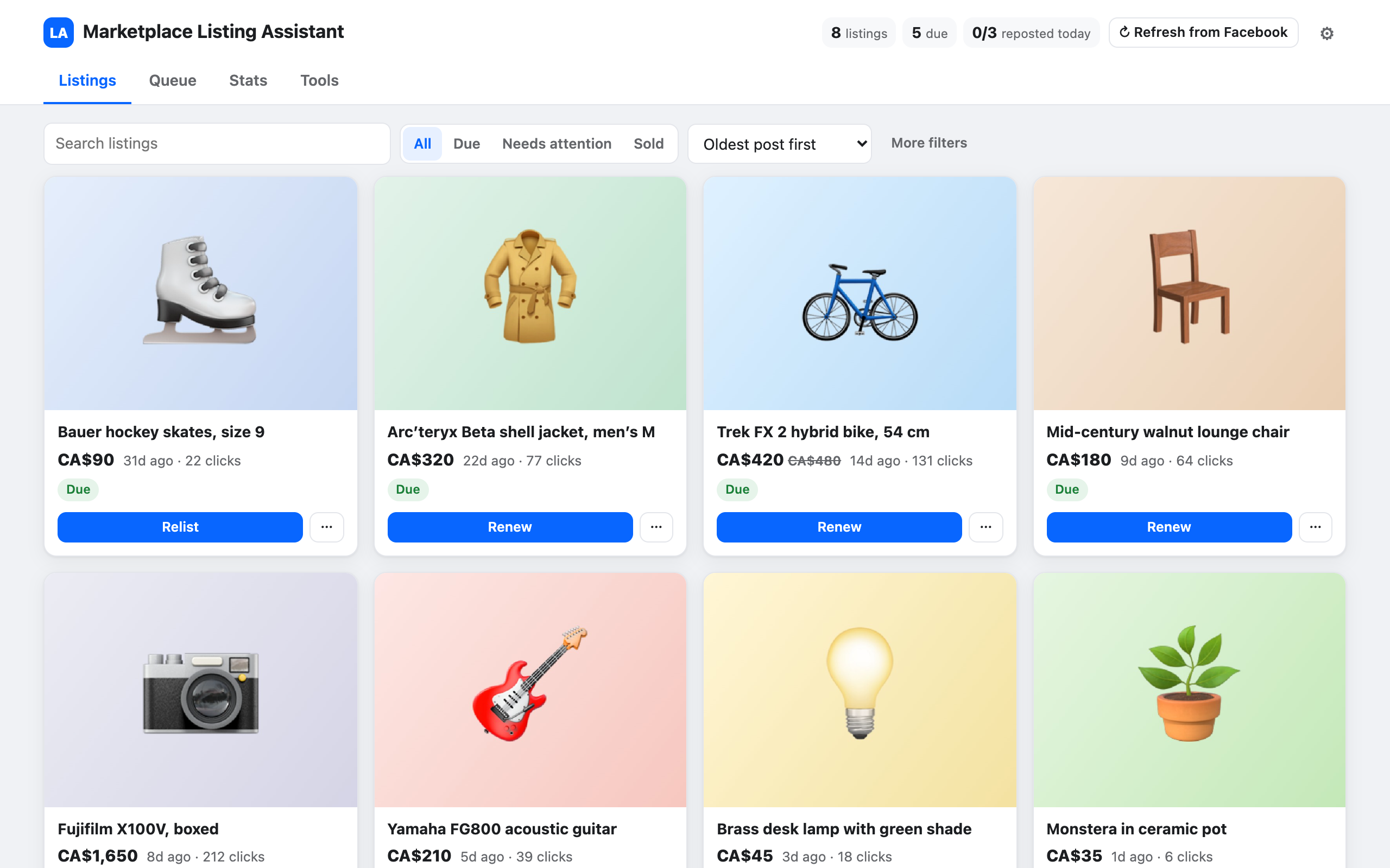 The dashboard: listing cards with photos, prices, clicks and a suggested next step